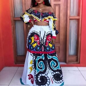 Western High Waisted Tiered Maxi Skirt Set Long Sleeve Crop Top 2 Piece Sz S NWT